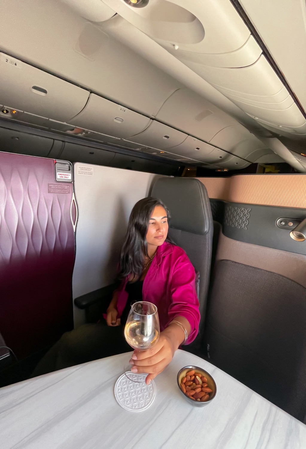 Audrey na Qsuite da Qatar Airways